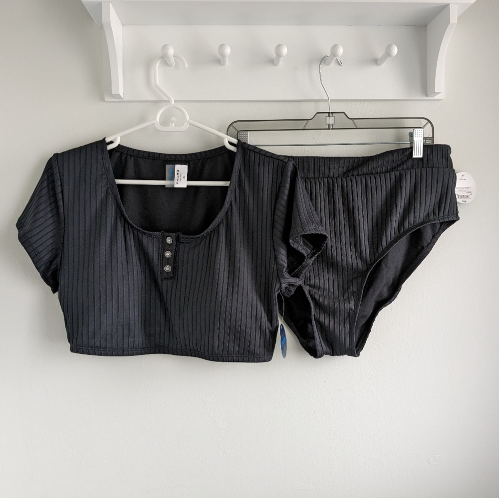 NWT Decree 2-Piece Ribbed Swimsuit - Short Sleeve Crop Top, High Waisted Bottom - Picture 2 of 7